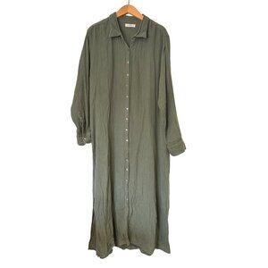Natural Life Button Up Dress XL Olive Green Cotton Maxi Collar Gauze Lagenlook